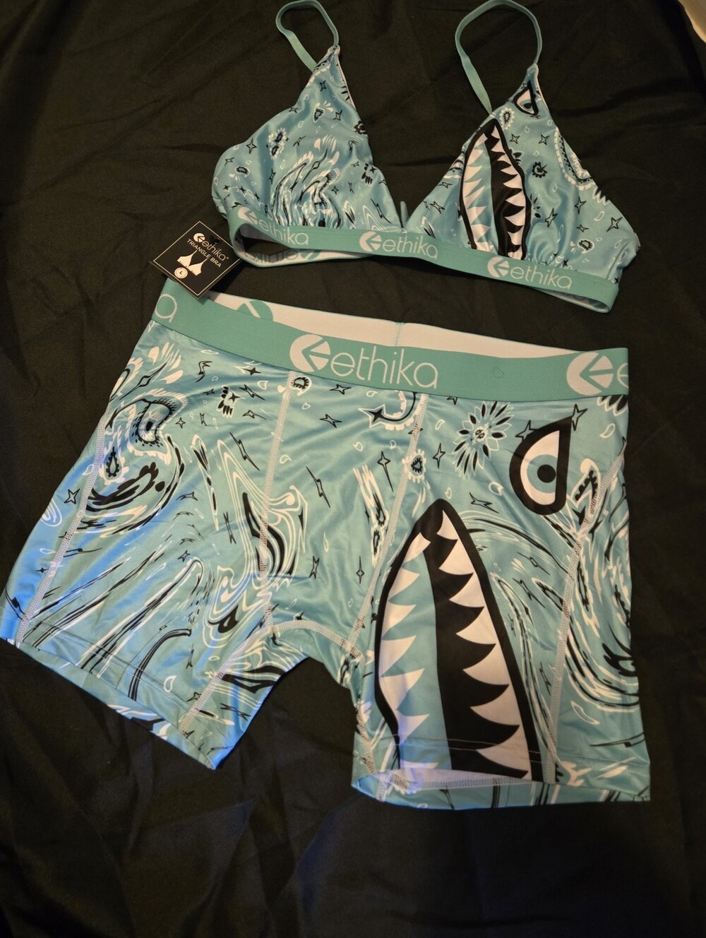 Ethika Shark Bite Triangle Bra & Staple Boyshort Set Blue Aqua Size Large NWT